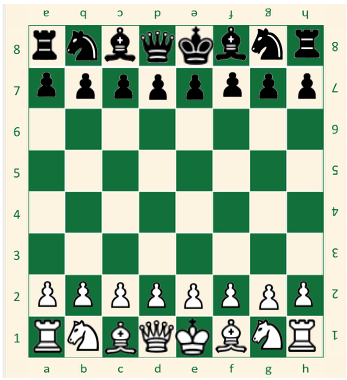 Power Learning Chess board in the original workbook style, with green and cream squares, chess pieces, and coordinates around all four sides.